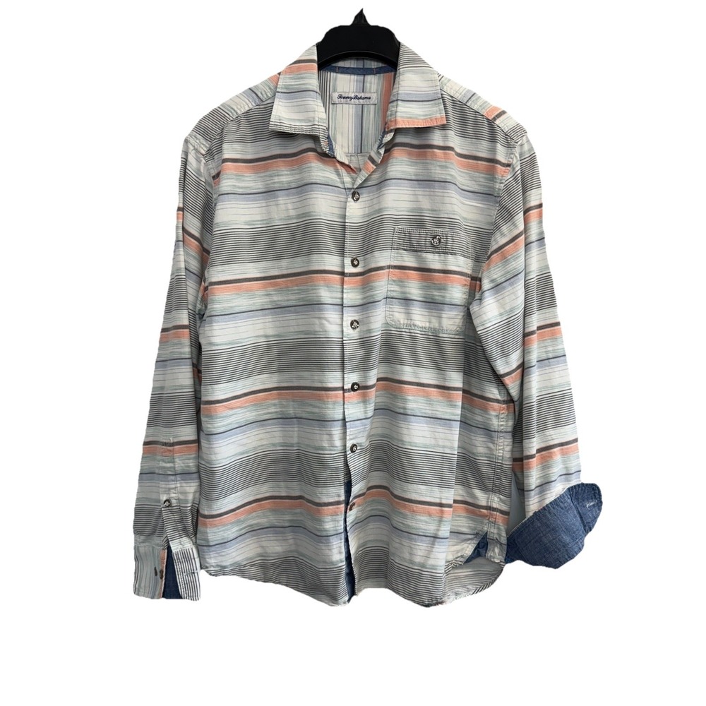 Tommy Bahama Mens Shirt M Island‎ Modern Fit Blue Striped Tencel Cotton Blend